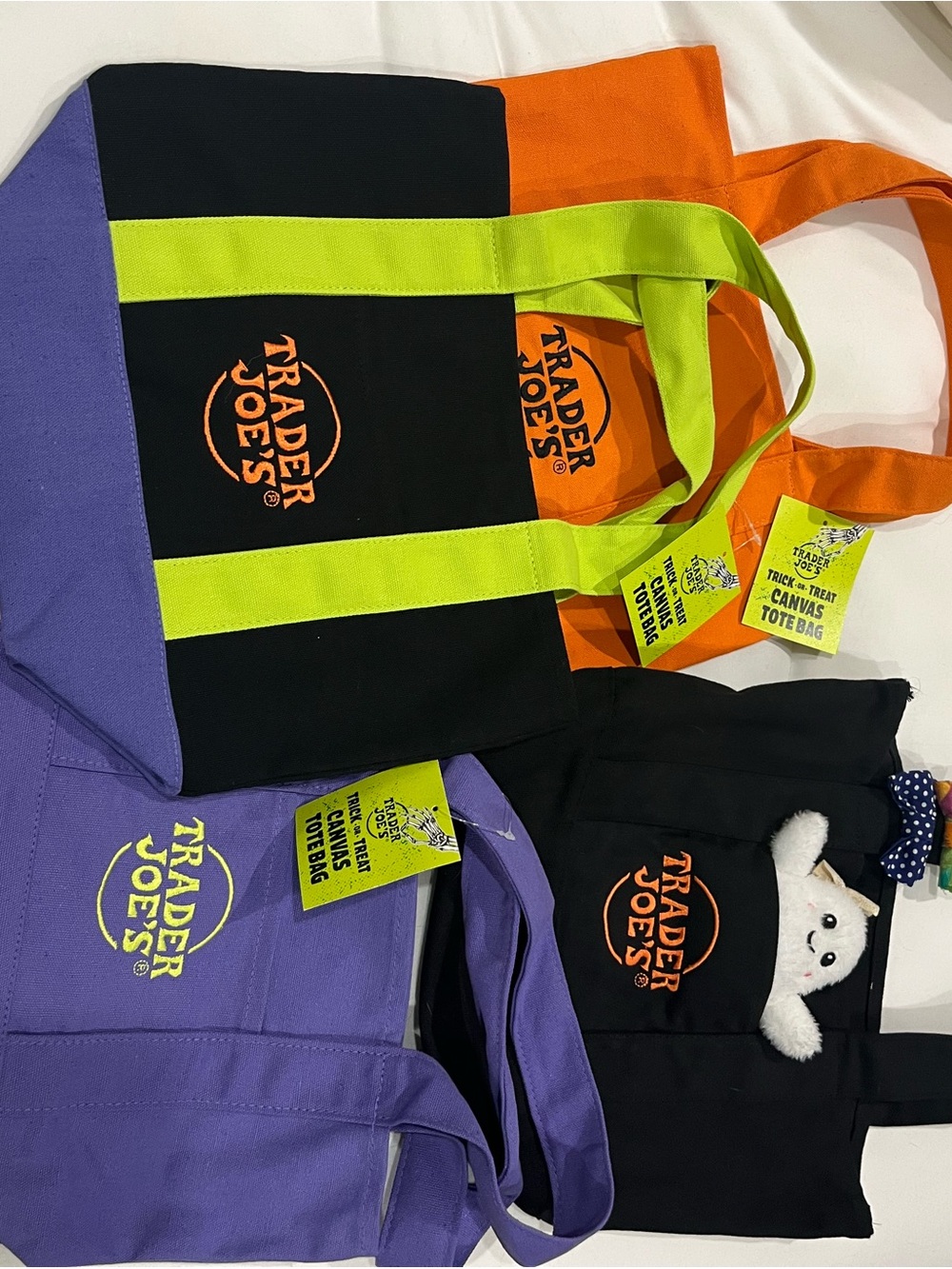 Trader Joe's Black & Orange Canvas Tote Bag with Lime Handles